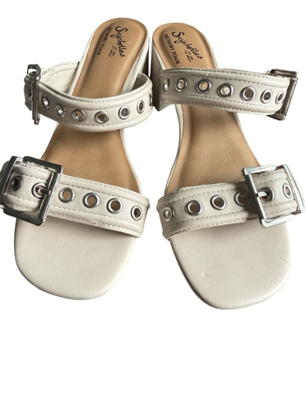 Seychelles White Grommet Buckle Slide Sandals